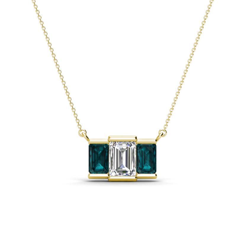 Veronica 6x4 mm Emerald Shape Lab Grown Diamond and London Blue Topaz Three Stone Pendant Necklace 