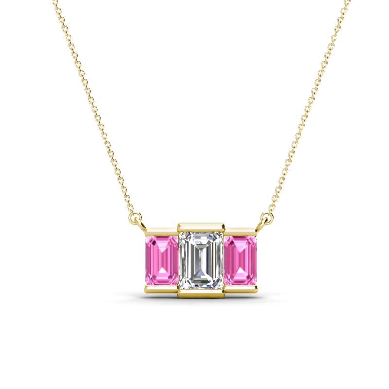 Veronica 6x4 mm Emerald Shape Lab Grown Diamond and Pink Sapphire Three Stone Pendant Necklace 
