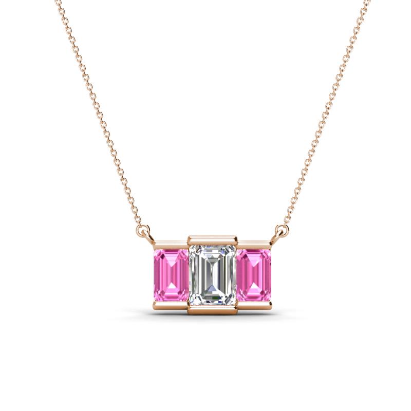 Veronica 6x4 mm Emerald Shape Lab Grown Diamond and Pink Sapphire Three Stone Pendant Necklace 