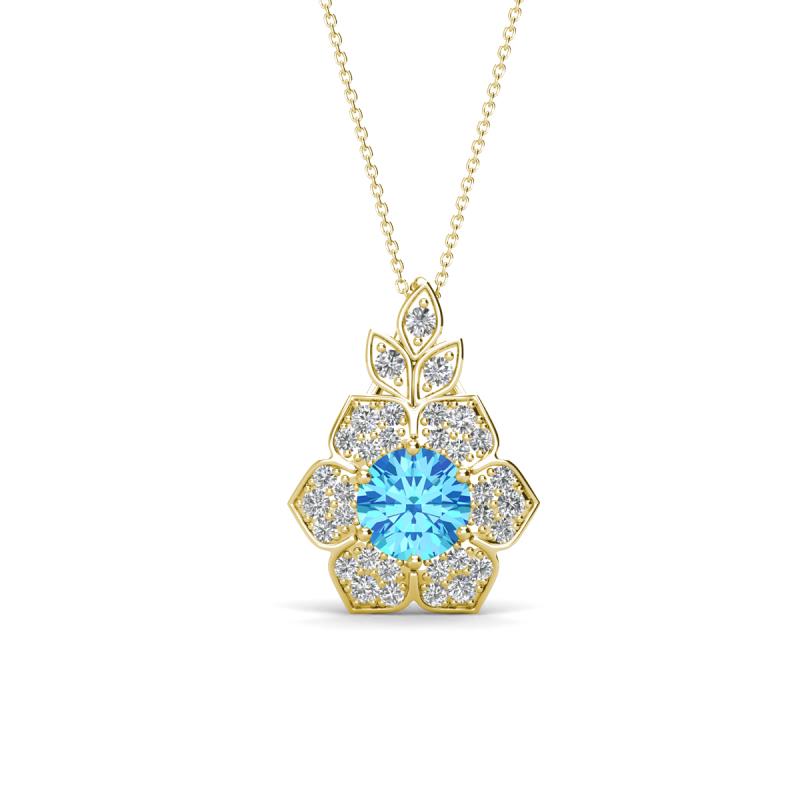 Alice 5.00 mm Round Blue Topaz and Diamond Floral Halo Pendant Necklace 