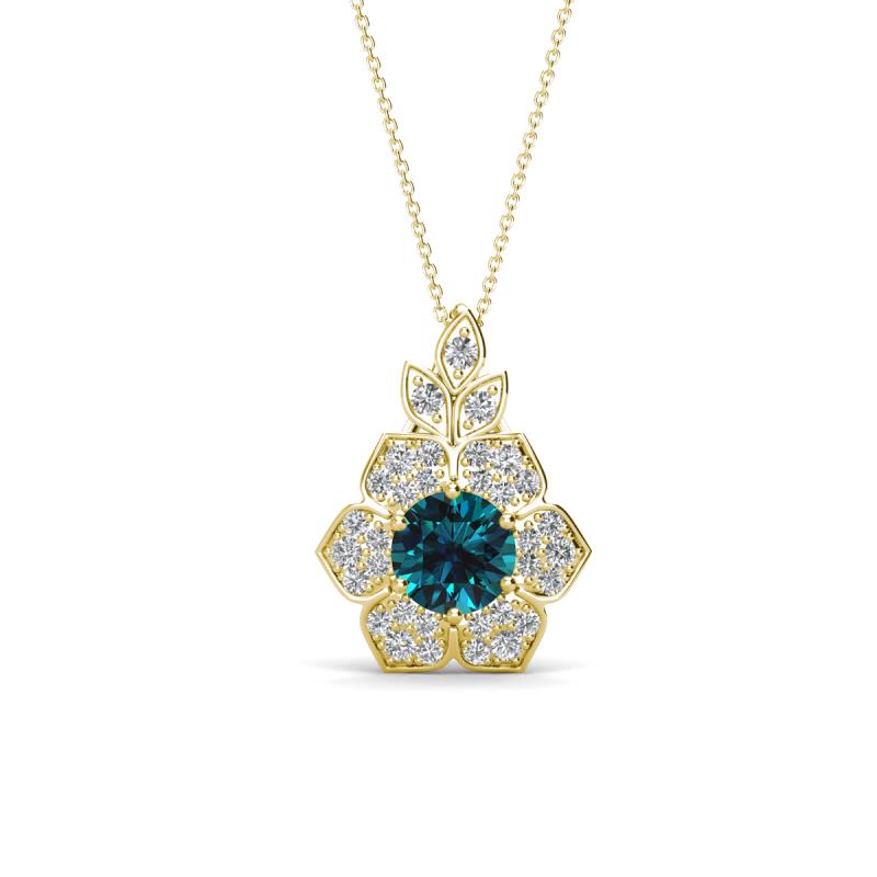 Alice 5.00 mm Round Blue and White Diamond Floral Halo Pendant Necklace 
