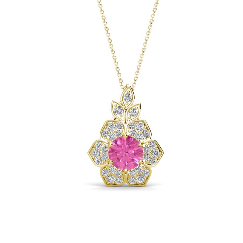 Alice 5.00 mm Round Lab Created Pink Sapphire and Lab Grown Diamond Floral Halo Pendant Necklace 