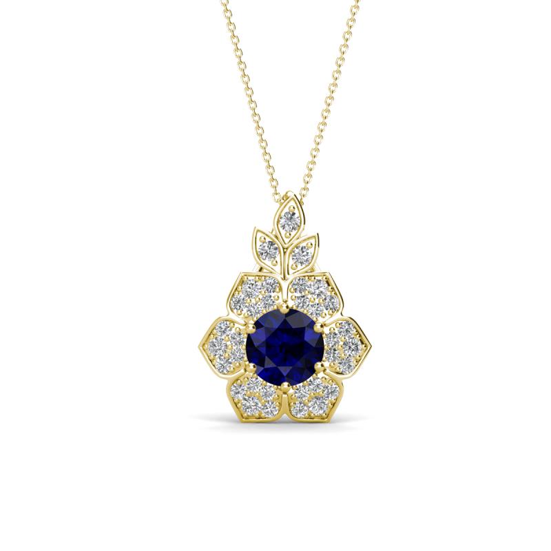 Alice 5.00 mm Round Blue Sapphire and Lab Grown Diamond Floral Halo Pendant Necklace 