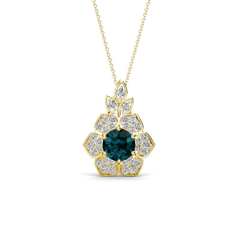 Alice 5.00 mm Round London Blue Topaz and Lab Grown Diamond Floral Halo Pendant Necklace 