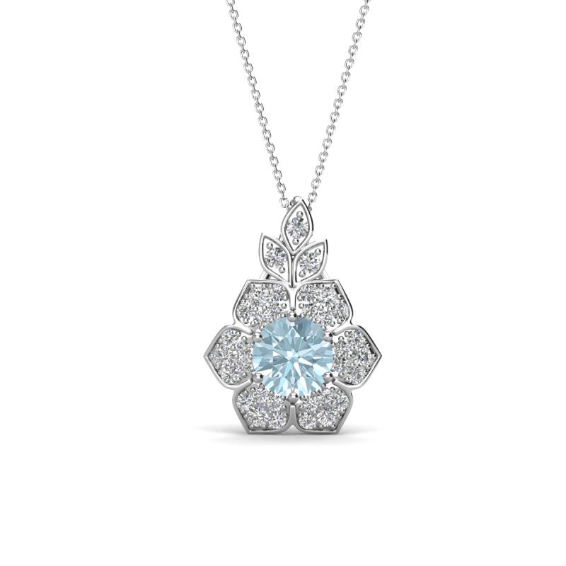 Alice 5.00 mm Round Aquamarine and Lab Grown Diamond Floral Halo Pendant Necklace 