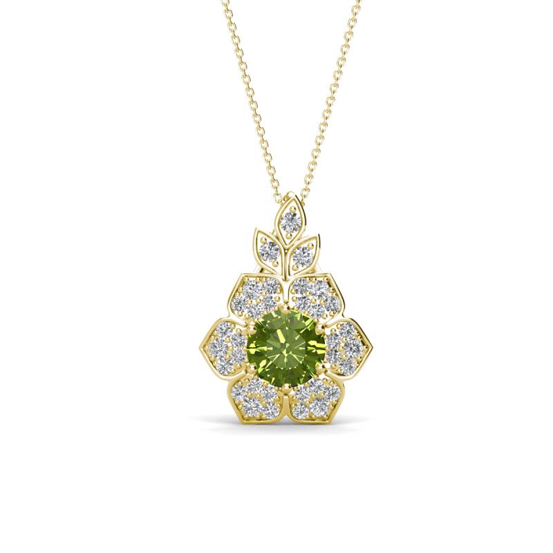 Alice 5.00 mm Round Peridot and Lab Grown Diamond Floral Halo Pendant Necklace 