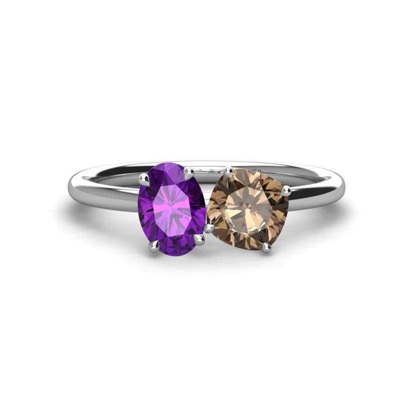 Tanya Oval Shape Amethyst & Cushion Shape Smoky Quartz 2 Stone Duo Ring 