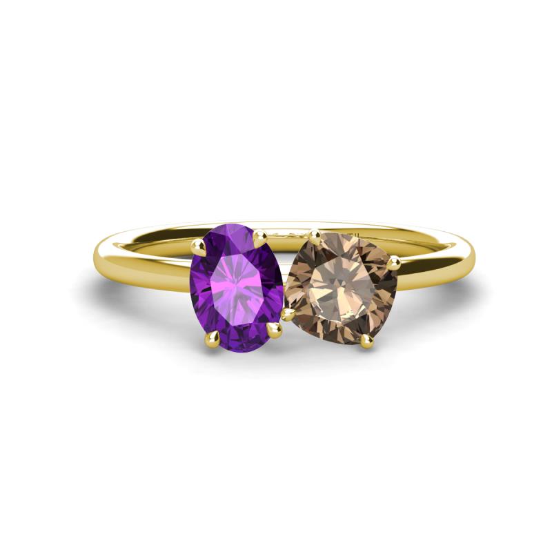 Tanya Oval Shape Amethyst & Cushion Shape Smoky Quartz 2 Stone Duo Ring 
