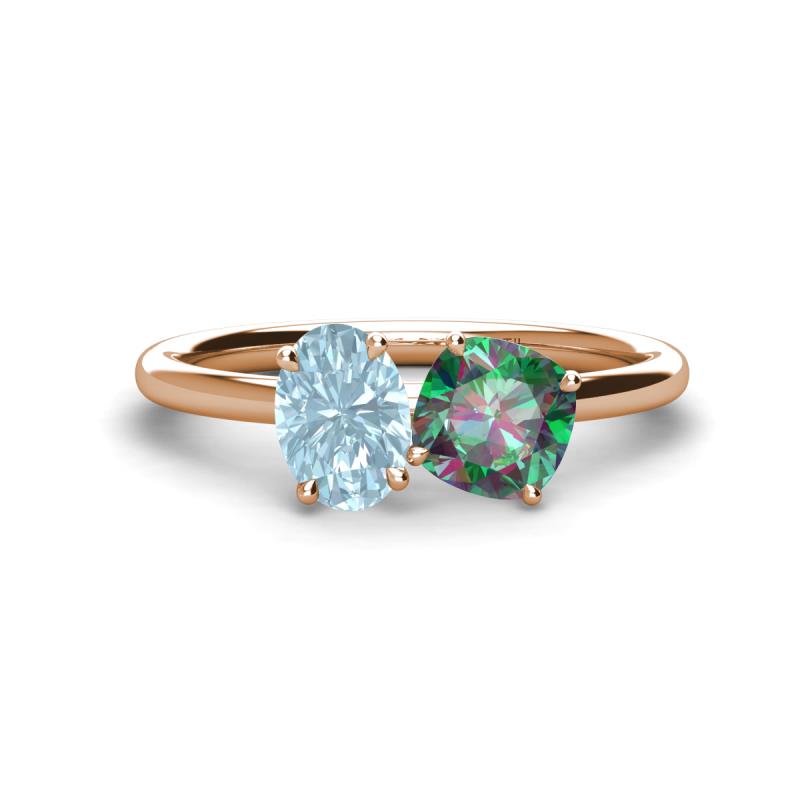 Tanya Oval Shape Aquamarine & Cushion Shape Lab Created Alexandrite 2 Stone Duo Ring 