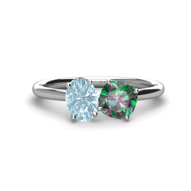 Tanya Oval Shape Aquamarine & Cushion Shape Lab Created Alexandrite 2 Stone Duo Ring 