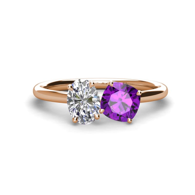 Tanya Oval Shape GIA Certified Diamond & Cushion Shape Amethyst 2 Stone Duo Ring 