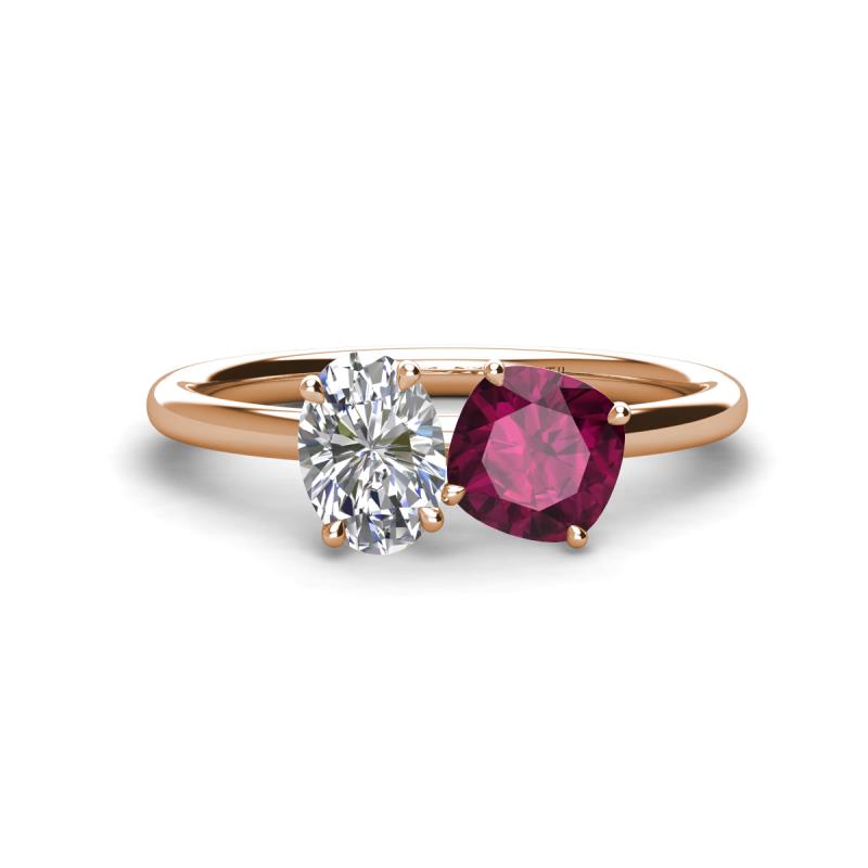 Tanya Oval Shape GIA Certified Diamond & Cushion Shape Rhodolite Garnet 2 Stone Duo Ring 