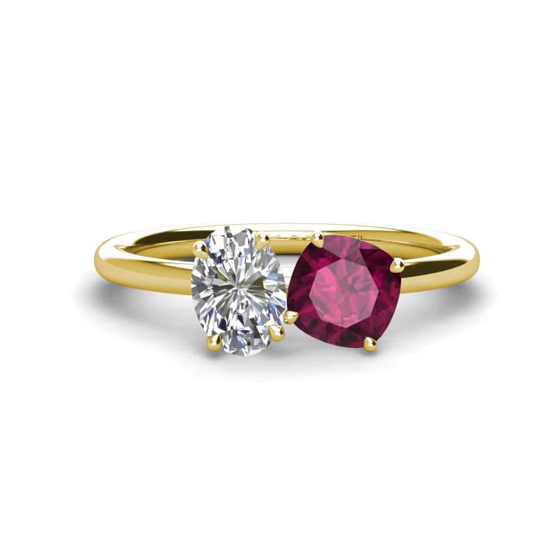 Tanya Oval Shape GIA Certified Diamond & Cushion Shape Rhodolite Garnet 2 Stone Duo Ring 