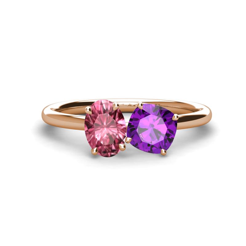 Tanya Oval Shape Pink Tourmaline & Cushion Shape Amethyst 2 Stone Duo Ring 