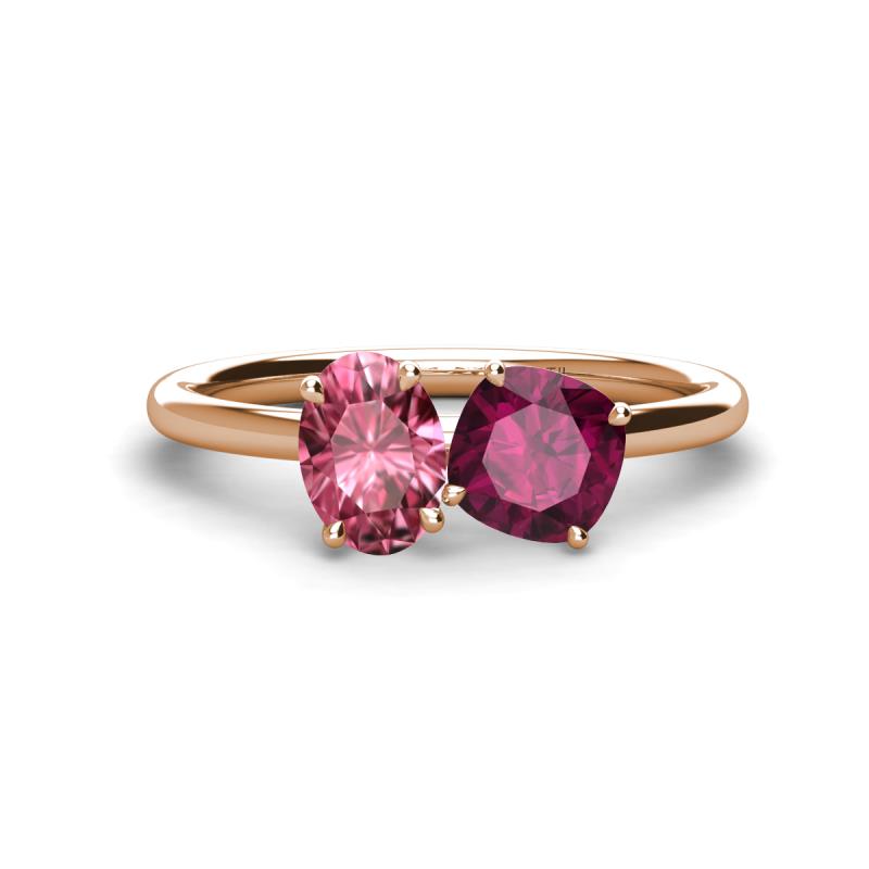 Tanya Oval Shape Pink Tourmaline & Cushion Shape Rhodolite Garnet 2 Stone Duo Ring 
