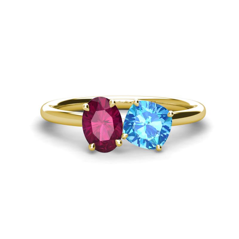 Tanya Oval Shape Rhodolite Garnet & Cushion Shape Blue Topaz 2 Stone Duo Ring 