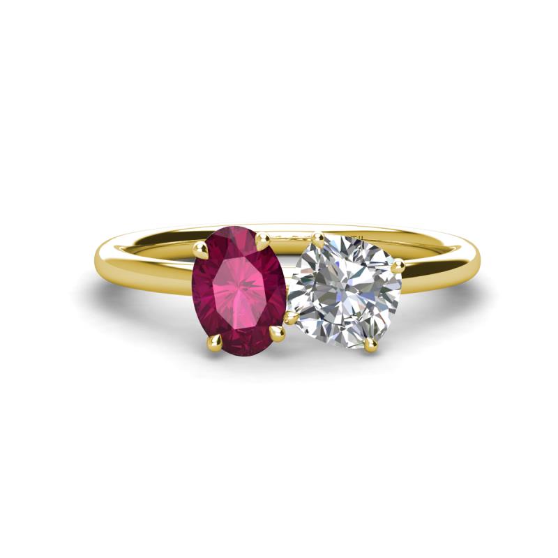 Tanya Oval Shape Rhodolite Garnet & Cushion Shape Forever Brilliant Moissanite 2 Stone Duo Ring 