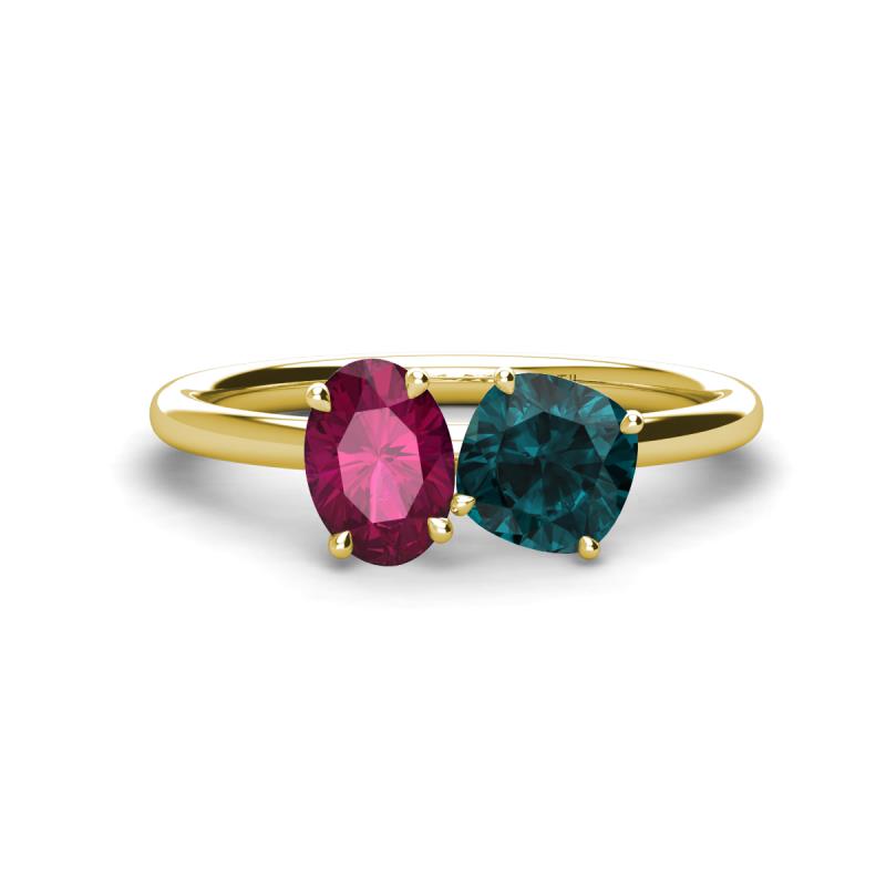 Tanya Oval Shape Rhodolite Garnet & Cushion Shape London Blue Topaz 2 Stone Duo Ring 