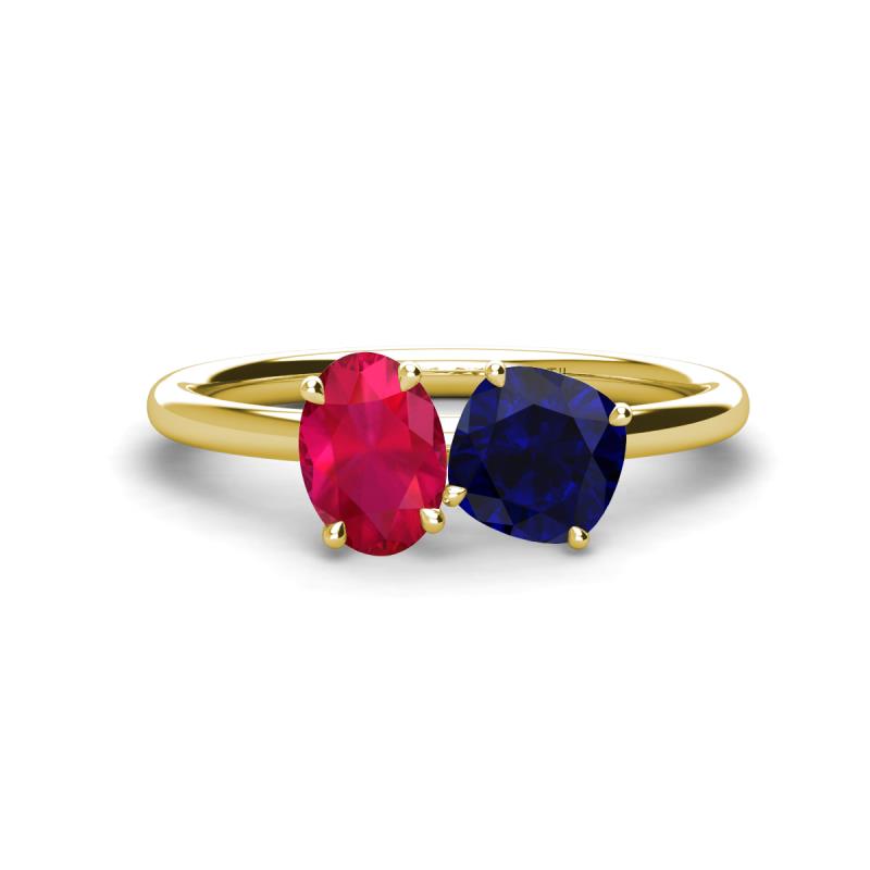 Tanya Oval Shape Ruby & Cushion Shape Blue Sapphire 2 Stone Duo Ring 