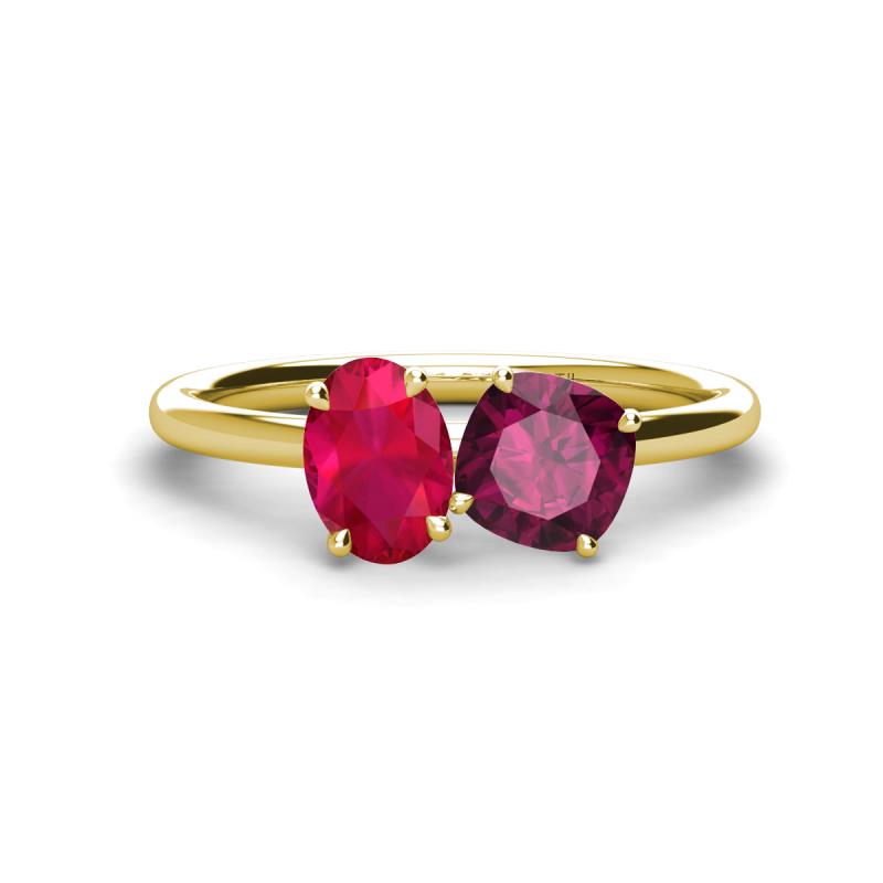 Tanya Oval Shape Ruby & Cushion Shape Rhodolite Garnet 2 Stone Duo Ring 