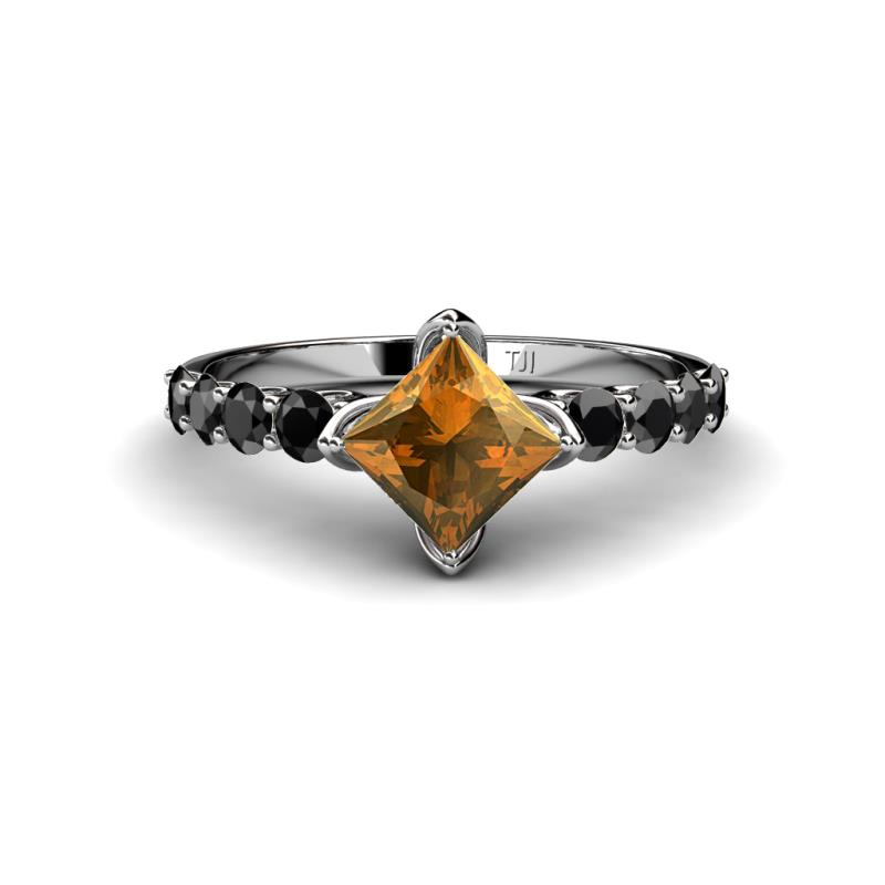 Alicia Princess Cut Citrine and Black Diamond Engagement Ring 