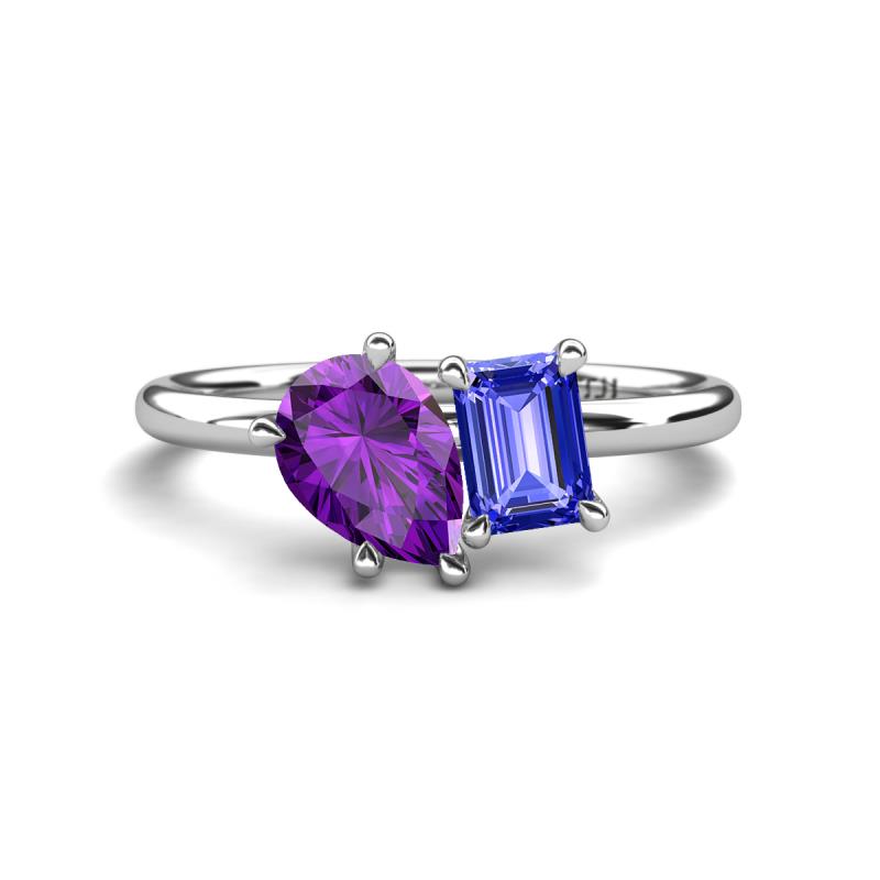 Nadya Pear Shape Amethyst & Emerald Shape Tanzanite 2 Stone Duo Ring 