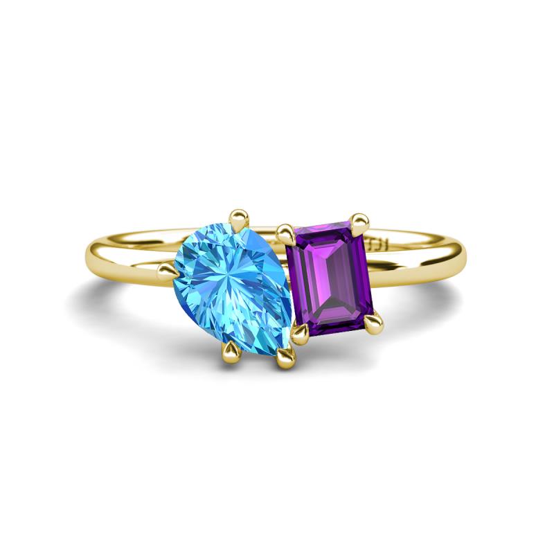Nadya Pear Shape Blue Topaz & Emerald Shape Amethyst 2 Stone Duo Ring 