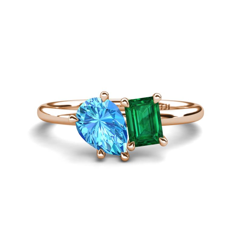 Nadya Pear Shape Blue Topaz & Emerald Shape Emerald 2 Stone Duo Ring 