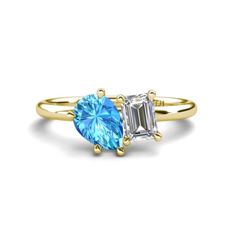 Nadya Pear Shape Blue Topaz & Emerald Shape Forever Brilliant Moissanite 2 Stone Duo Ring 