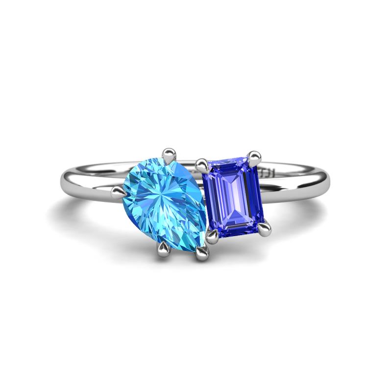 Nadya Pear Shape Blue Topaz & Emerald Shape Tanzanite 2 Stone Duo Ring 