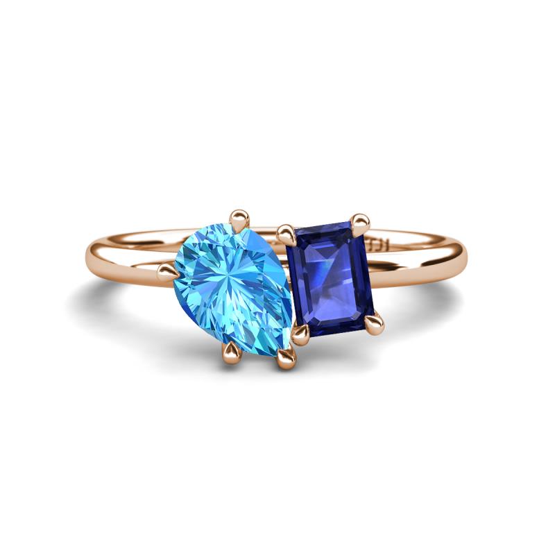 Nadya Pear Shape Blue Topaz & Emerald Shape Iolite 2 Stone Duo Ring 