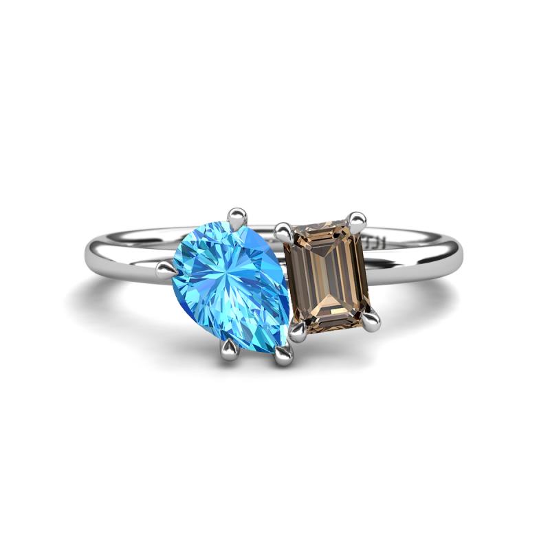 Nadya Pear Shape Blue Topaz & Emerald Shape Smoky Quartz 2 Stone Duo Ring 