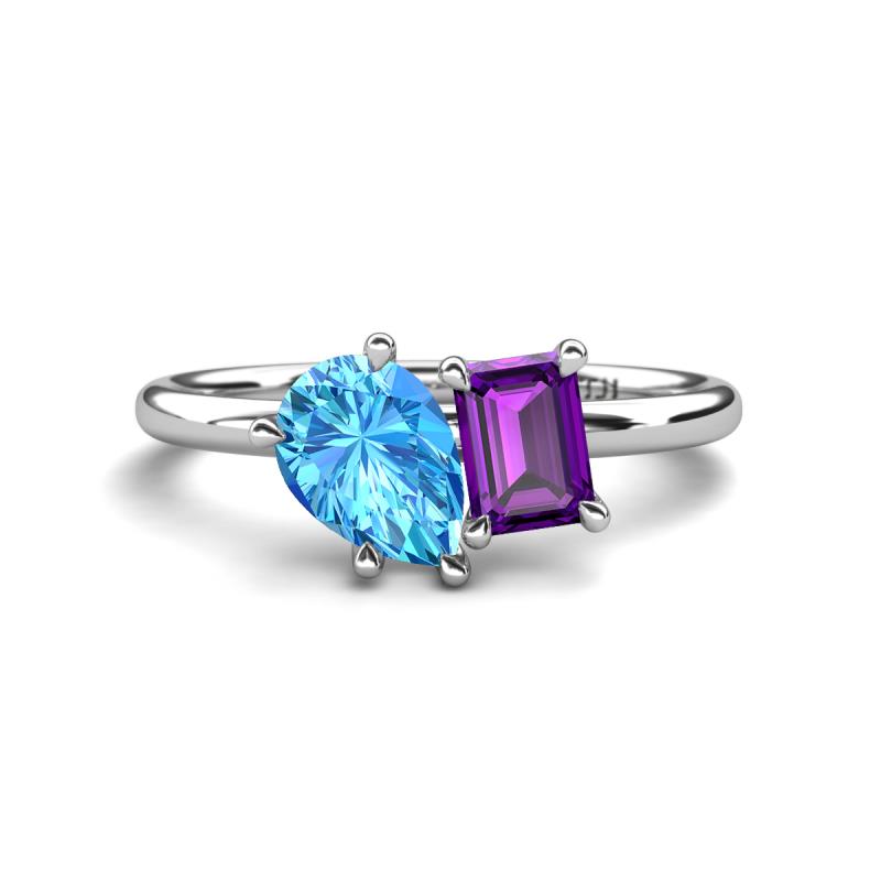Nadya Pear Shape Blue Topaz & Emerald Shape Amethyst 2 Stone Duo Ring 