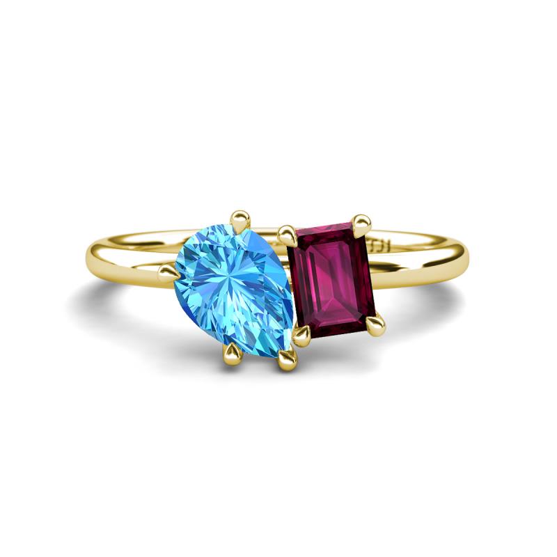 Nadya Pear Shape Blue Topaz & Emerald Shape Rhodolite Garnet 2 Stone Duo Ring 