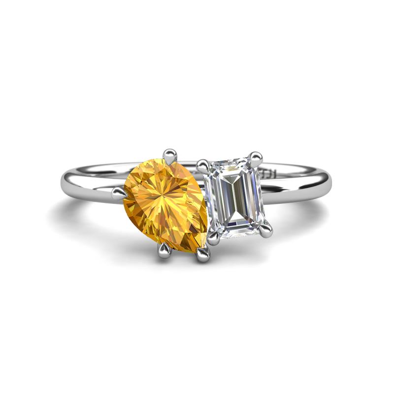 Nadya Pear Shape Citrine & Emerald Shape Forever Brilliant Moissanite 2 Stone Duo Ring 