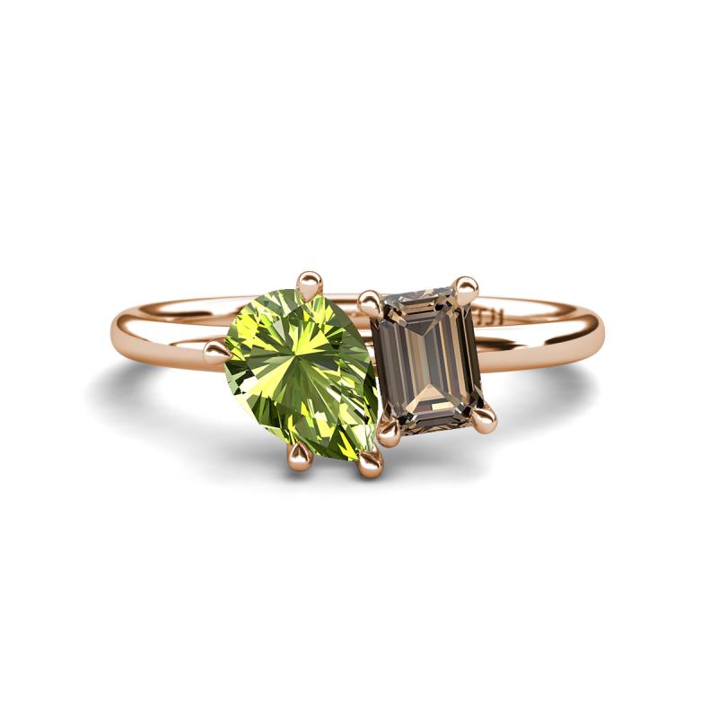 Nadya Pear Shape Peridot & Emerald Shape Smoky Quartz 2 Stone Duo Ring 