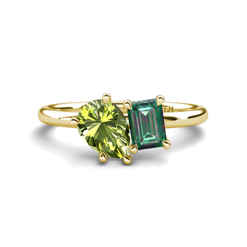 Nadya Pear Shape Peridot & Emerald Shape Lab Created Alexandrite 2 Stone Duo Ring 