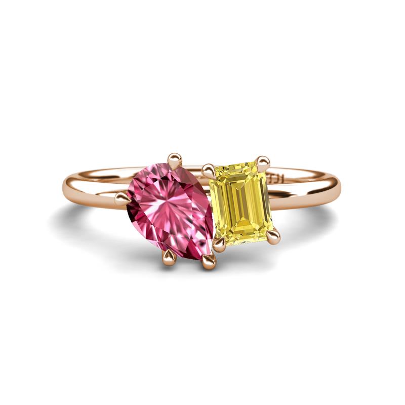 Nadya Pear Shape Pink Tourmaline & Emerald Shape Yellow Sapphire 2 Stone Duo Ring 