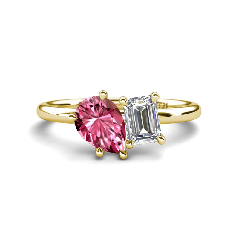 Nadya Pear Shape Pink Tourmaline & Emerald Shape Forever Brilliant Moissanite 2 Stone Duo Ring 