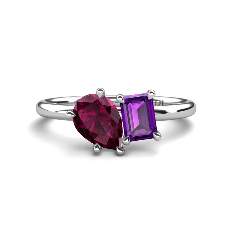 Nadya Pear Shape Rhodolite Garnet & Emerald Shape Amethyst 2 Stone Duo Ring 