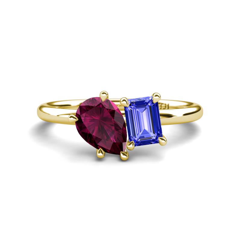 Nadya Pear Shape Rhodolite Garnet & Emerald Shape Tanzanite 2 Stone Duo Ring 