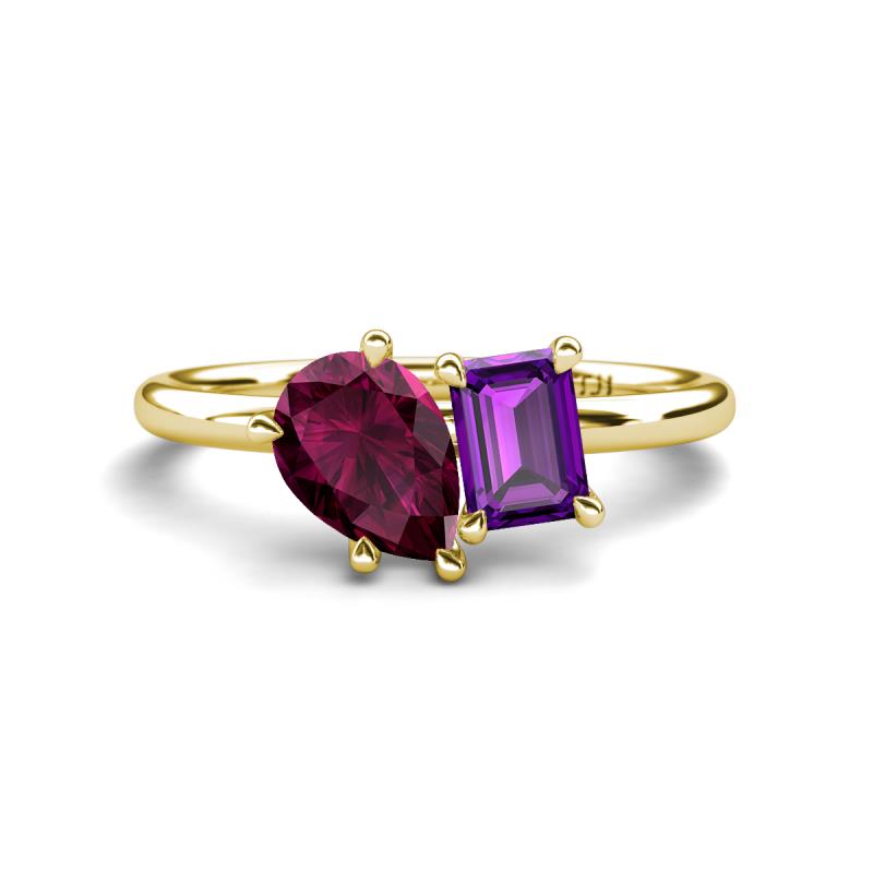 Nadya Pear Shape Rhodolite Garnet & Emerald Shape Amethyst 2 Stone Duo Ring 