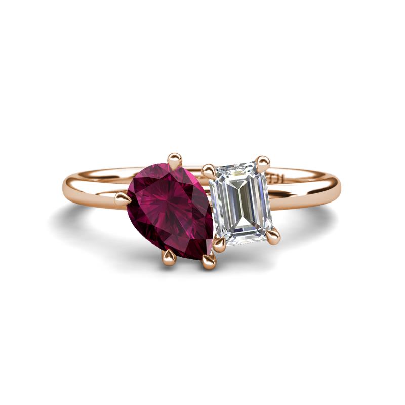 Nadya Pear Shape Rhodolite Garnet & Emerald Shape Forever One Moissanite 2 Stone Duo Ring 