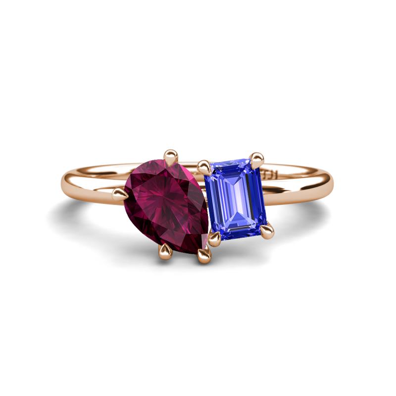 Nadya Pear Shape Rhodolite Garnet & Emerald Shape Tanzanite 2 Stone Duo Ring 