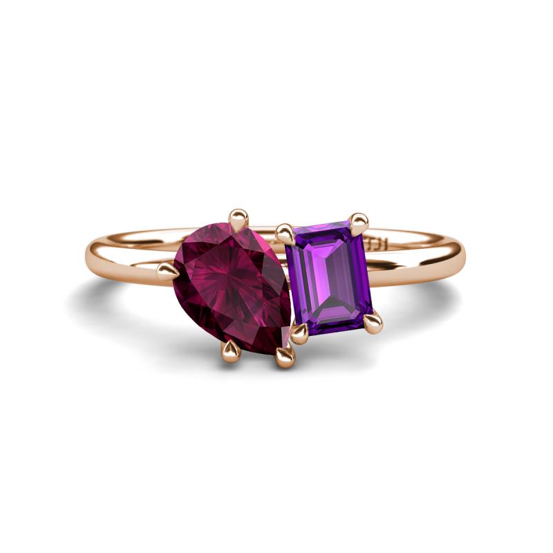 Nadya Pear Shape Rhodolite Garnet & Emerald Shape Amethyst 2 Stone Duo Ring 