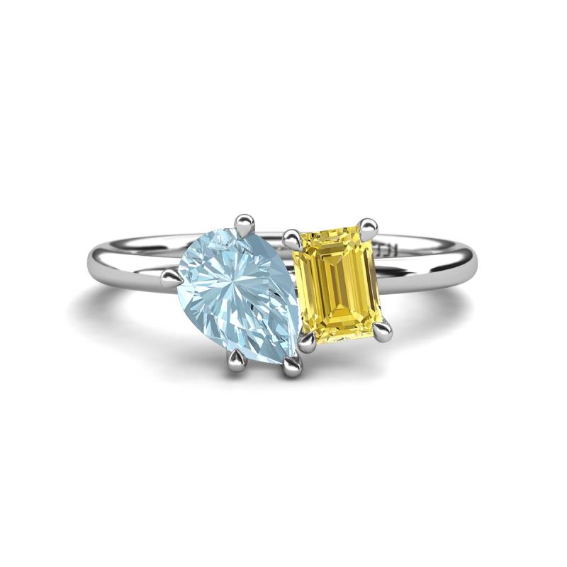 Nadya Pear Shape Aquamarine & Emerald Shape Yellow Sapphire 2 Stone Duo Ring 