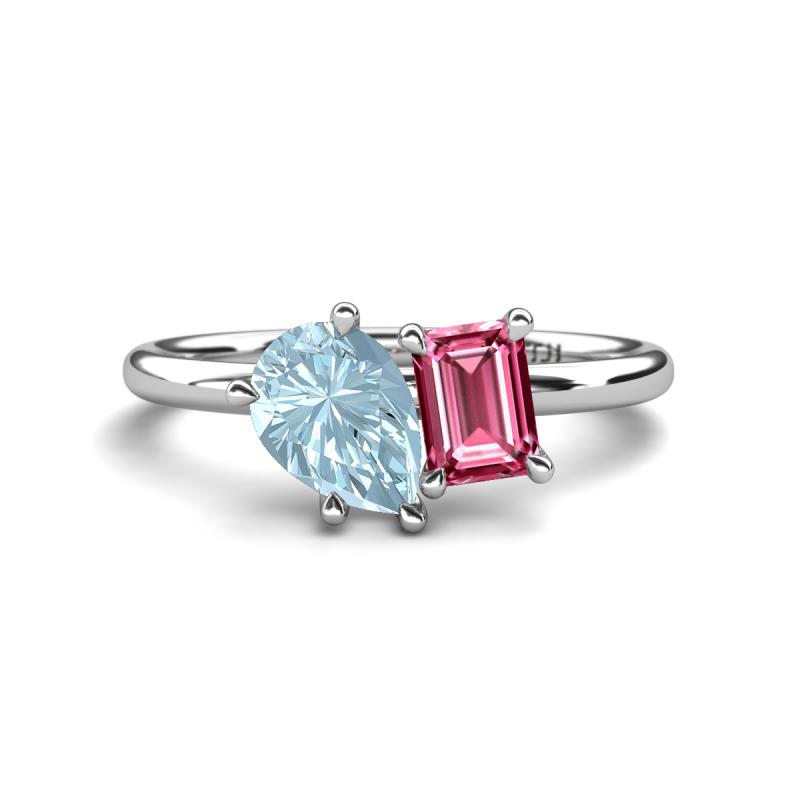 Nadya Pear Shape Aquamarine & Emerald Shape Pink Tourmaline 2 Stone Duo Ring 