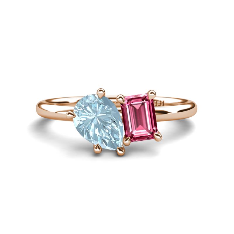 Nadya Pear Shape Aquamarine & Emerald Shape Pink Tourmaline 2 Stone Duo Ring 