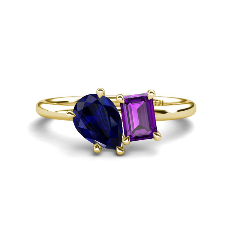 Nadya Pear Shape Lab Created Blue Sapphire & Emerald Shape Amethyst 2 Stone Duo Ring 