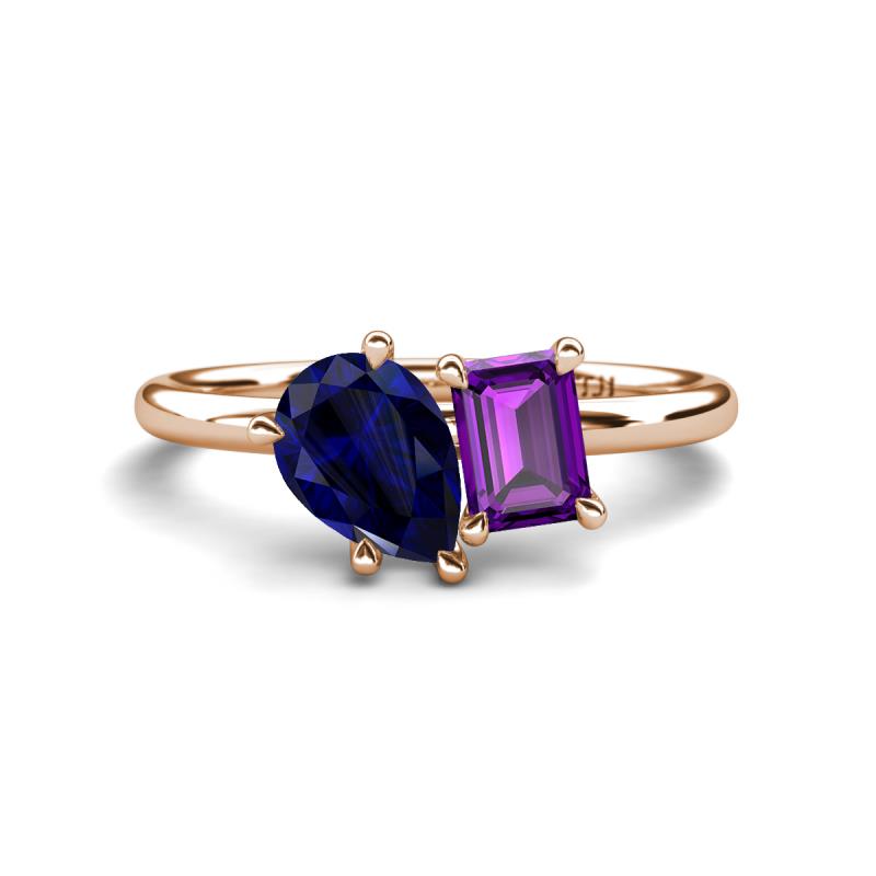 Nadya Pear Shape Lab Created Blue Sapphire & Emerald Shape Amethyst 2 Stone Duo Ring 